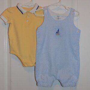 CROWN & IVY Boys 24M Blue Seersucker Sailboat Romper Yellow Polo Preppy Easter